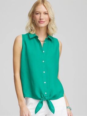 No Iron™ Linen Tie-Front Sleeveless Shirt in Eden Green
